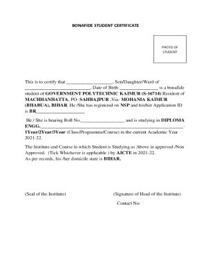 Fillable Online BONAFIDE STUDENT CERTIFICATE This is to certify that ...