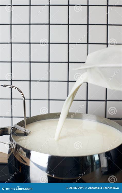 The Process of Making Homemade Yogurt. Milk is Poured into a Container for Heating Stock Image ...