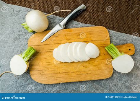 Sliced Daikon Radish. Tasty Fresh Crude White Round Japanese Radish ...