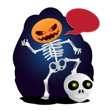 Szczęśliwy kreskówka szkielet z dynią zamiast głowy i dymek. Ilustracja ...