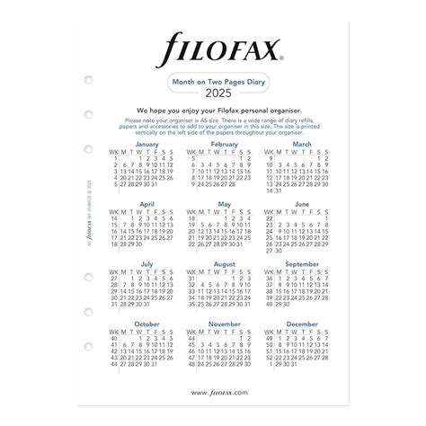 2025 Diary Inserts Filofax A5 Calendar Diary Refill - 2025 Month-to ...