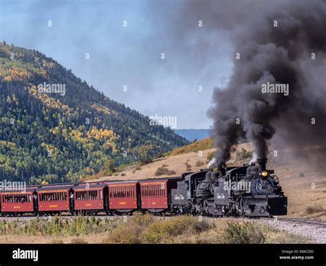 Double-header train steaming eastbound from Chama, New Mexico, Cumbres ...