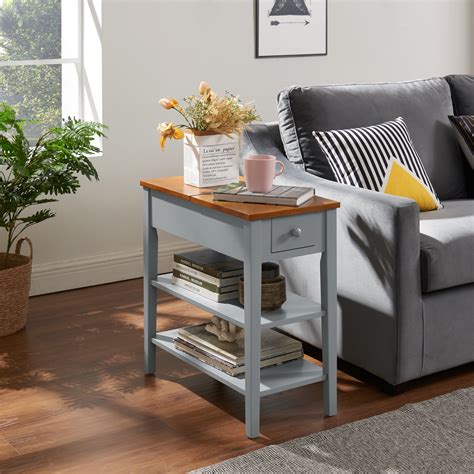 Narrow Small End Table with Charging Ports, Wooden Bed Side Table with Drawer Flip-open Top 2 ...