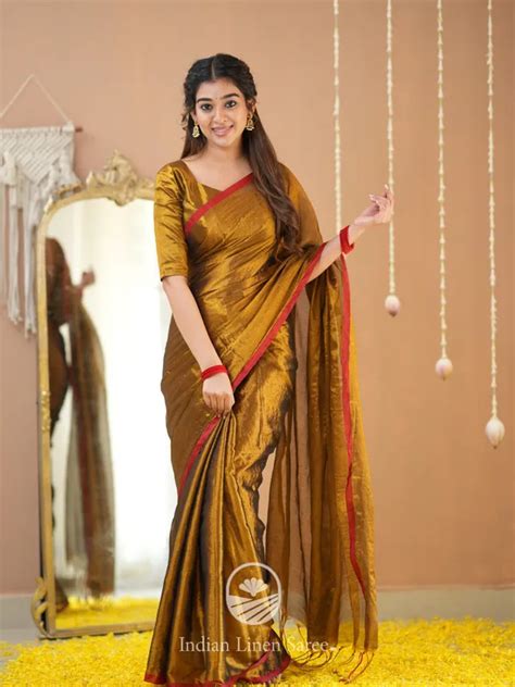 INDIAN LINEN SAREE Gold Handloom Tissue Saree With Designer Blouse ...
