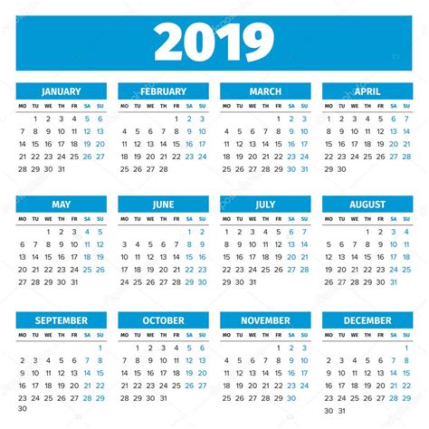 Eenvoudige 2019 jaarkalender — Stockvector © 123sasha #127033932