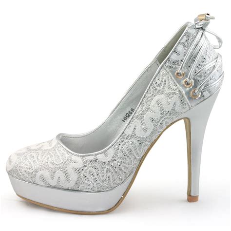 Silver High Heel Shoes | ... Silver Glitter Lace Strappy Proms Platform ...