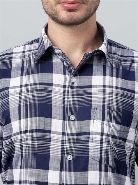 Hancock Men Navy Blue Checks Spread Collar Slim Fit Formal Shirt