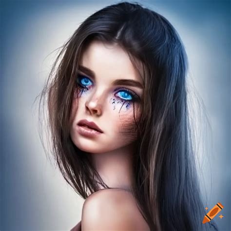 Slim brunette long hair woman cornflower blue eyes freckles on Craiyon