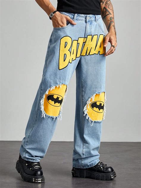 Men's Casual Street Bat Logo & Letter Graphic Raw Trim Straight Leg ...