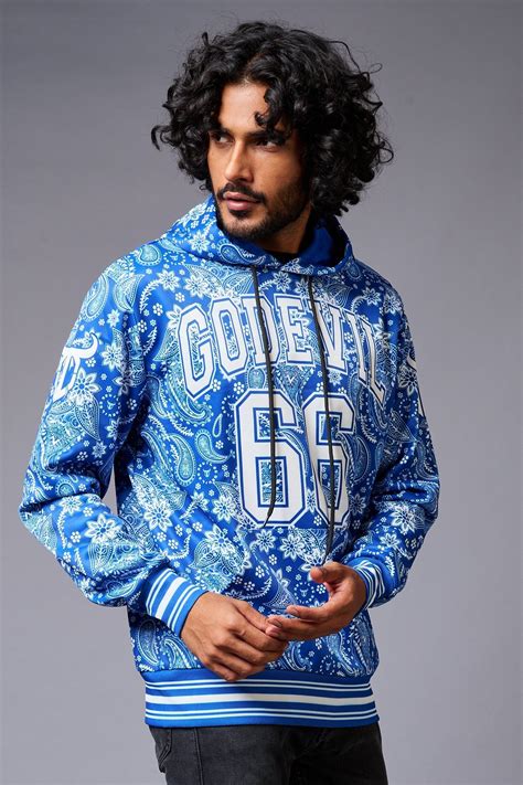 Go Devil 66 Paisely Design Printed Blue Hoodie for Men - Go Devil