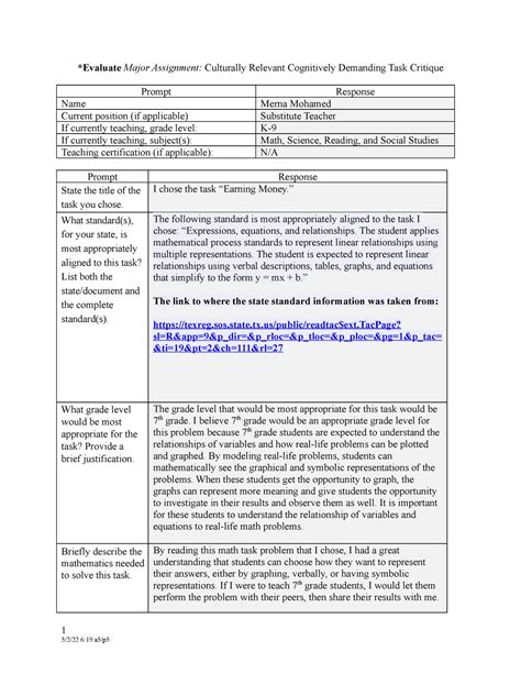 Evaluate Major Assignment Culturally Relevant Cognitively Demanding Task Critique Mohamed ...