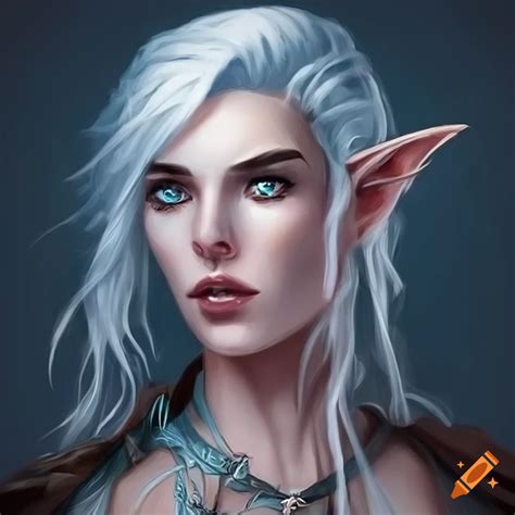 Detailed eyes of a female half-elf bard with ice white hair and sword in a fantasy setting on ...
