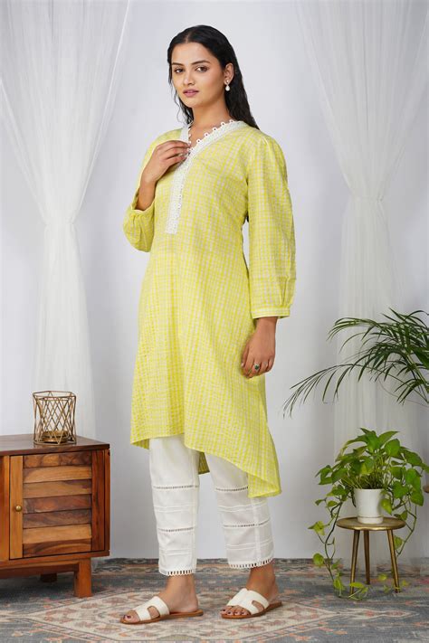 Fluorescent Check Cotton High Low Kurta Set