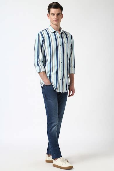 Buy Men Blue Slim Fit Stripe Full Sleeves Casual Shirt Online ...