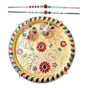 DMS RETAIL Set of 2 Rudraksh Rakhi with Golden Meenakari Pooja Thali ...
