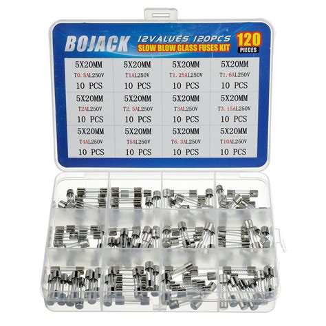 BOJACK 12 Values 120 pcs Slow Blow Glass Fuses Assortment Kit 5x20mm ...