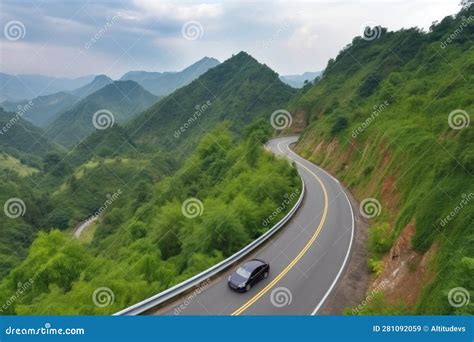 Passenger Car, Winding Its Way Along Scenic Mountain Road with Views of ...