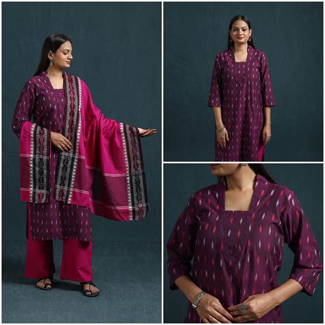 Purple Sambalpuri Ikat Pure Cotton Suit Set with Dupatta for women