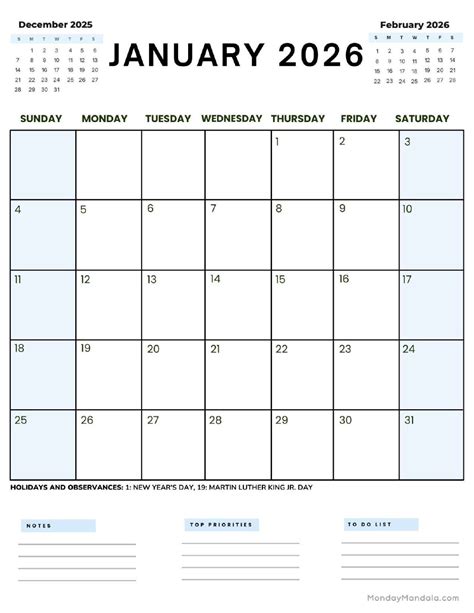 Free Printable January 2026 Calendar