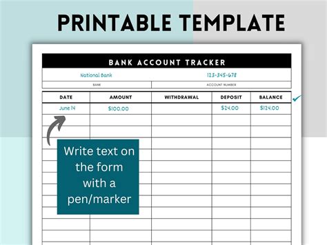 Bank Account Tracker Printable Form, Bank Deposit Log, Money Balance ...