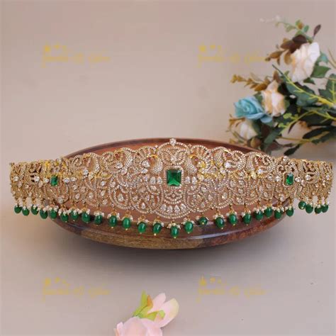 Gold Finish Victorian AD Hipbelt with Green Beads – Sparkle and Glow
