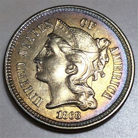 1868 Three Cent Nickel Beautiful Uncirculated Coin Nice Toning ...