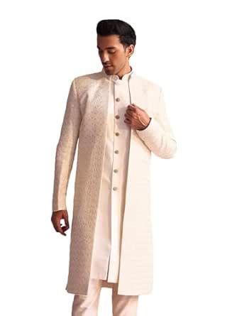 Buy VASTRAMAY Men’s Cream Silk Blend Sherwani Only Top | Premium ...