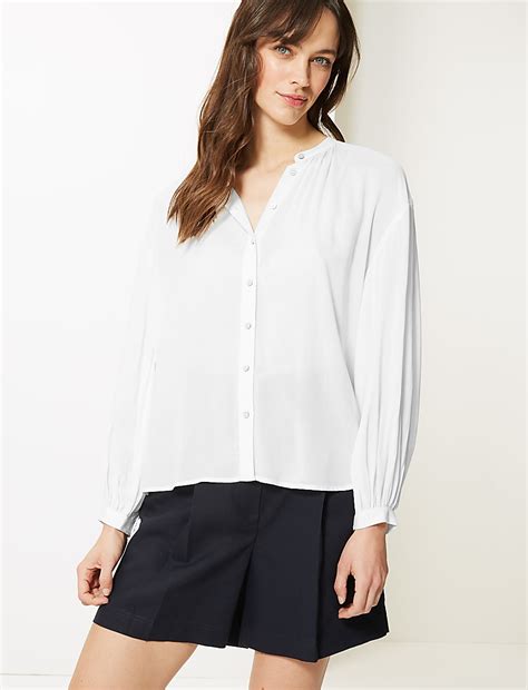 Buy Collarless Blouson Sleeve Blouse at Marks & Spencer