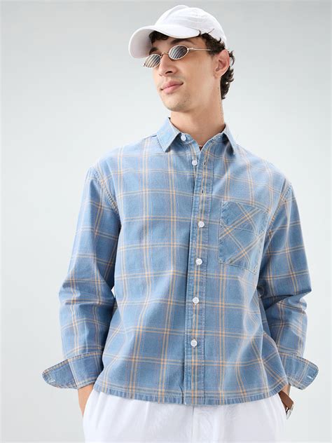 Denim Blue & Yellow Multi Line Checks Boxy Fit Crop Shirt – Vastrado