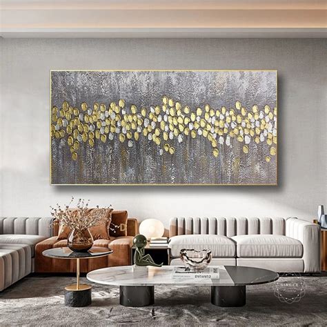 Gold Silver Art Abstract Painting on Canvas Wall Art Framed for Living ...