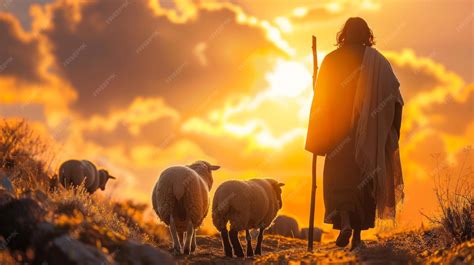 Uma cena bíblica Jesus, o pastor, com ovelhas ao pôr-do-sol ...
