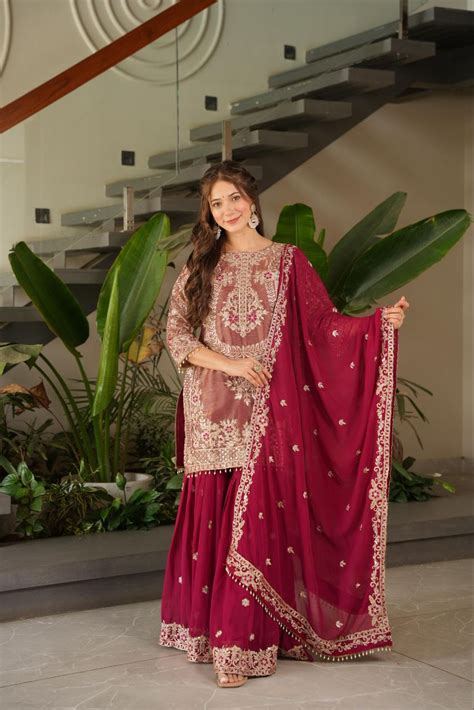 Maroon Crazy Silk Embroidered Kurti Palazzo Set with Dupatta – Trinari