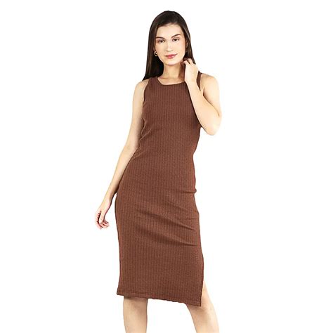 Women's Ribbed Dresses Scoop Neck Sleeveless Knit Slit Bodycon Midi Dress