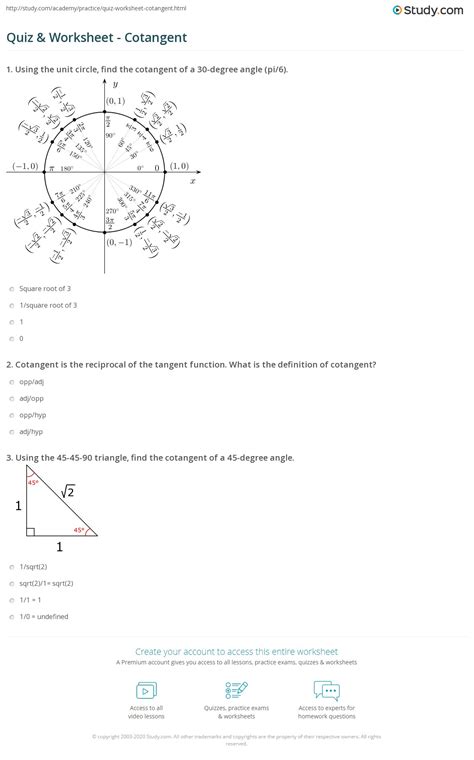 Quiz & Worksheet - Cotangent | Study.com