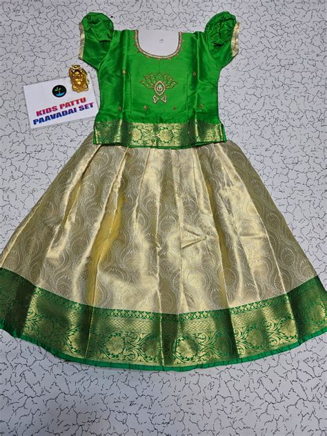 Green & Golden Banarasi Semi Silk Pattu Pavadai for Kids | Sri Thulir ...