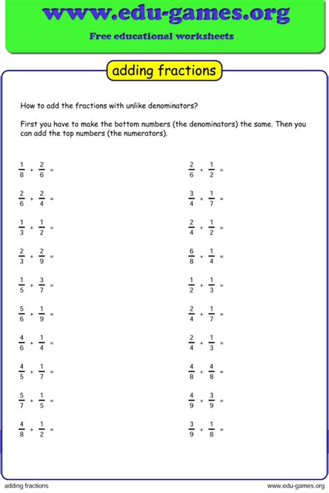 Image result for Adding and Subtracting Unlike Fractions Worksheet
