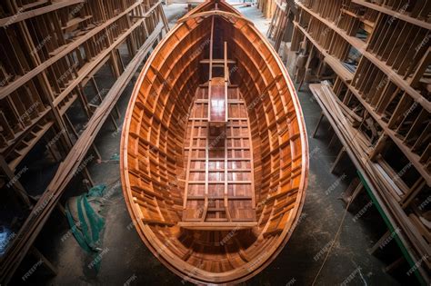 Premium AI Image | Overhead view of completed wooden boat hull created ...
