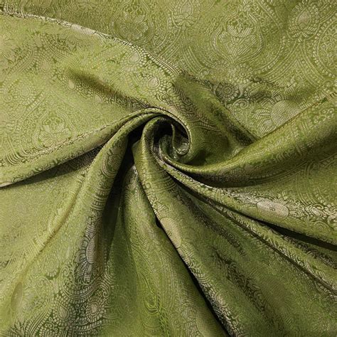 Moss Green Banarasi Brocade Fabric with Floral and Paisley Motifs ...