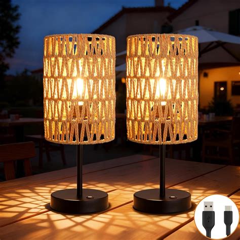 ALL FORTUNE Rechargeable Outdoor Table Lamps, Rattan Boho Cordless ...