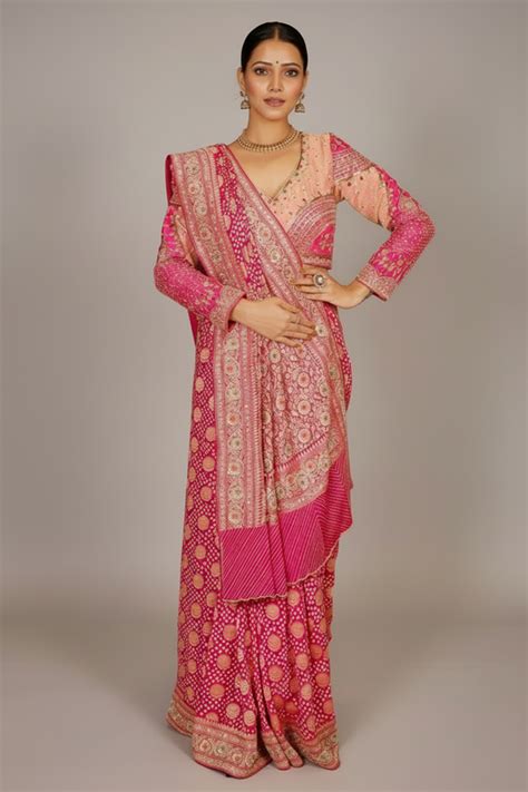 Pink Georgette Bandhej Traditional Saree with Kaat and Sequin Beaded W ...