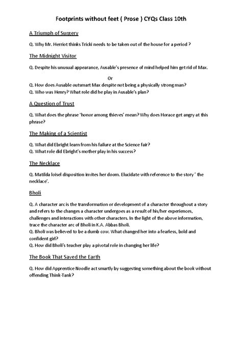 Footprints Without Feet (Prose) - Class 10th CYQs Analysis - Studocu