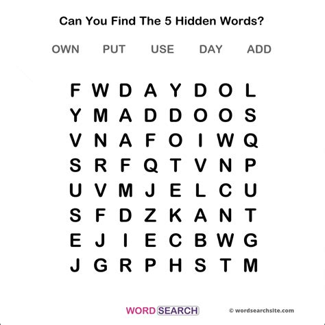 3 Letter Words For Kids Word Search 8 - Own, Put, Use, Day, Add