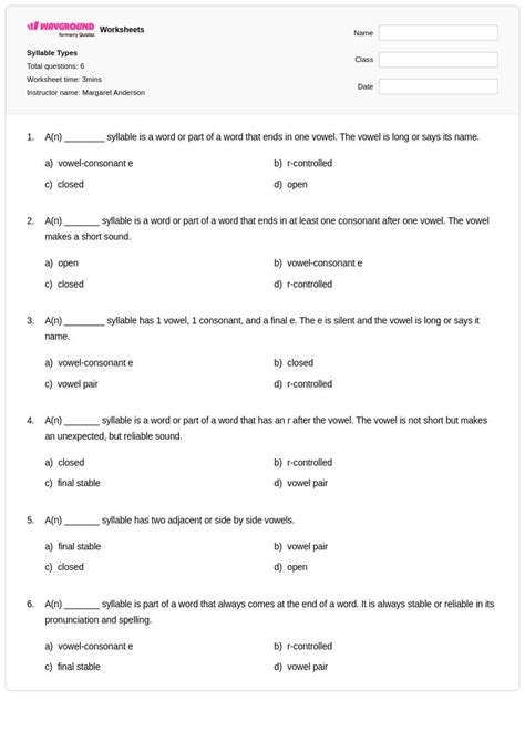 50+ Syllable Types worksheets for Class 4 on Wayground | Free & Printable