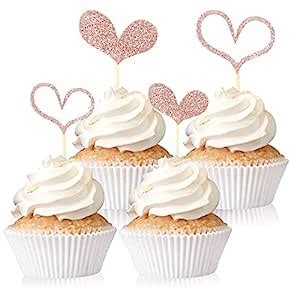 Fuutreo 48 Pieces Rose Gold Heart Cupcake Toppers Glitter Heart Cupcake ...