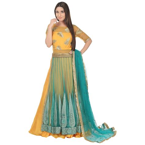 Buy Chunri Amber Yellow & Sapphire Blue Beads Lehenga, Choli & Dupatta ...