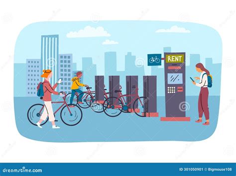 Cartoon Color Characters People and Rental Bikes Store Area Concept ...