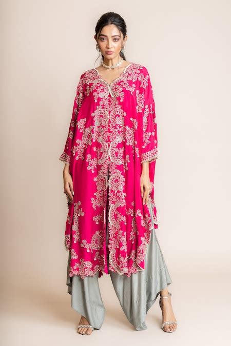 Buy Fuchsia Silk Hand Embroidered Cape With Pant For Women by Nupur ...