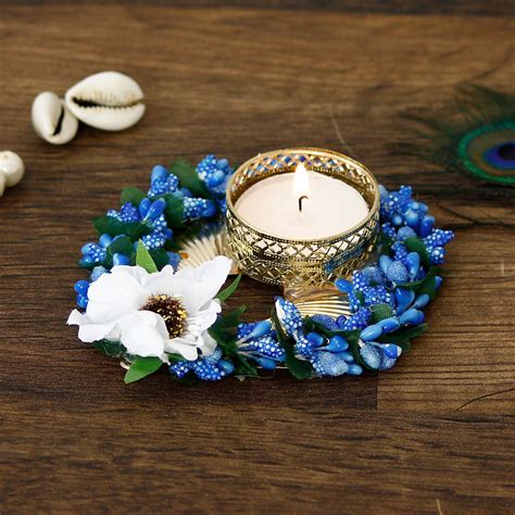 Decorative Handcrafted Blue Floral Leaf Shape Tea Light Holder ...