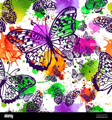 Watercolor seamless pattern with butterflies on white background. Hand ...