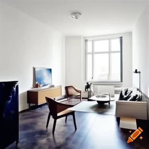 Modern living room in ground floor apartment with simple furniture and ...